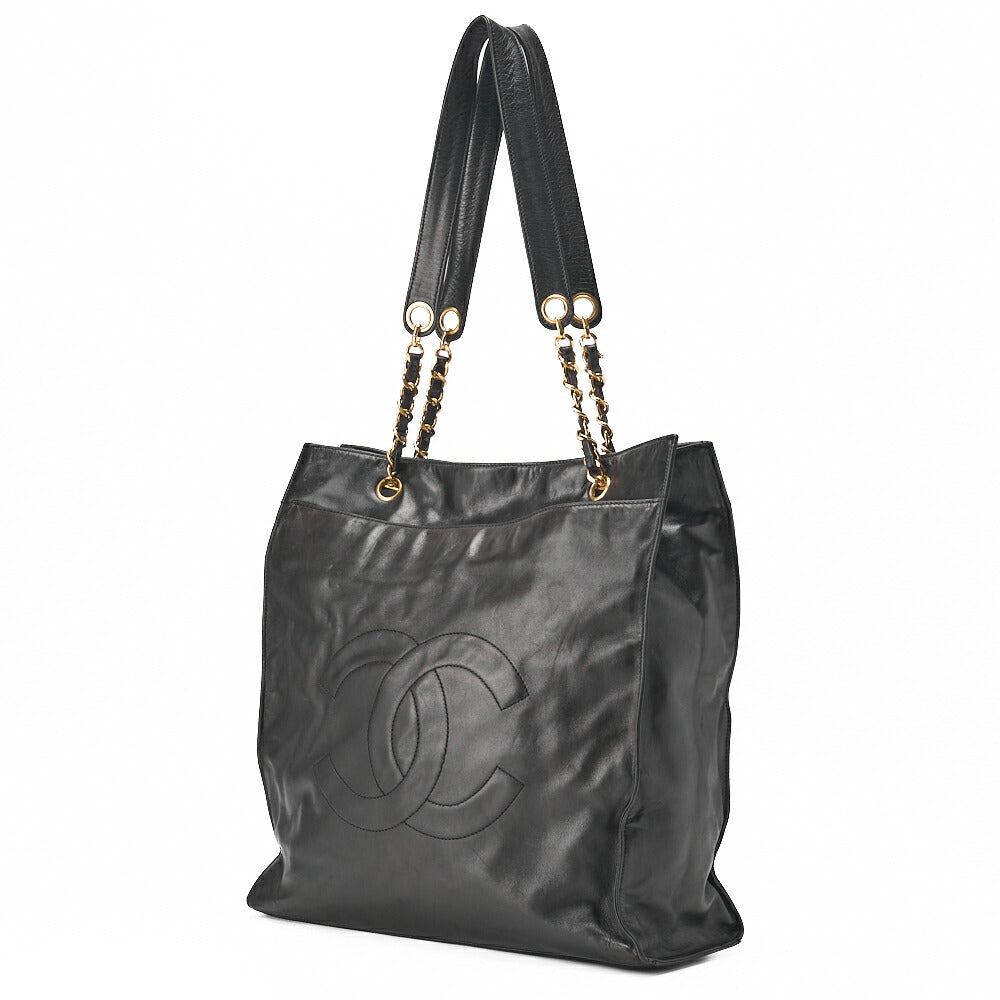 CHANEL Shoulder Bag Coco Mark Lambskin Black Large Size Gold-Tone Hardware, Pre-Owned