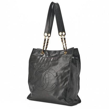 CHANEL Shoulder Bag Coco Mark Lambskin Black Large Size Gold-Tone Hardware, Pre-Owned