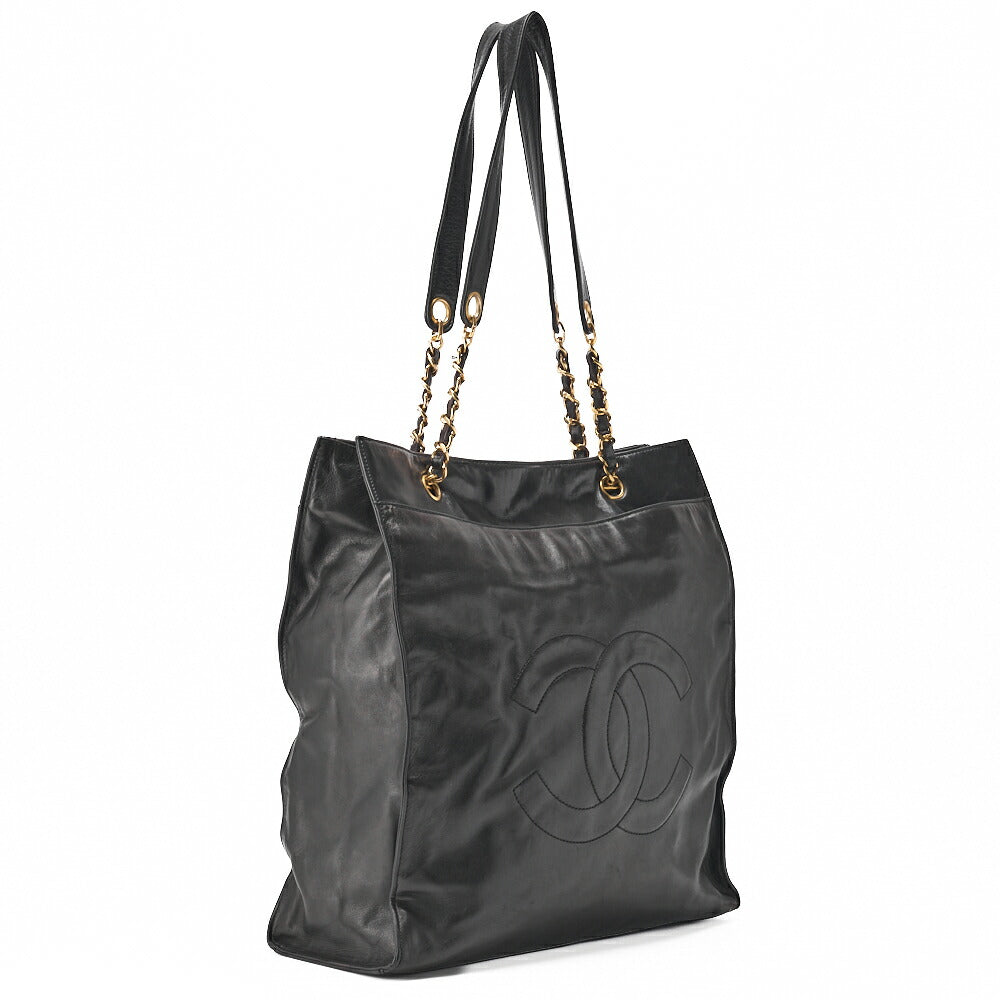 CHANEL Shoulder Bag Coco Mark Lambskin Black Large Size Gold-Tone Hardware, Pre-Owned