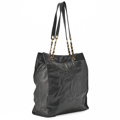 CHANEL Shoulder Bag Coco Mark Lambskin Black Large Size Gold-Tone Hardware, Pre-Owned