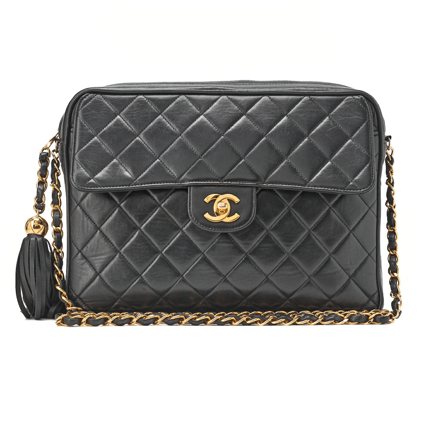 CHANEL Chain Shoulder Bag Matlasse Outside Flap Fringe Chain Shoulder Lambskin Black Gold-Tone Hardware, Pre-Owned