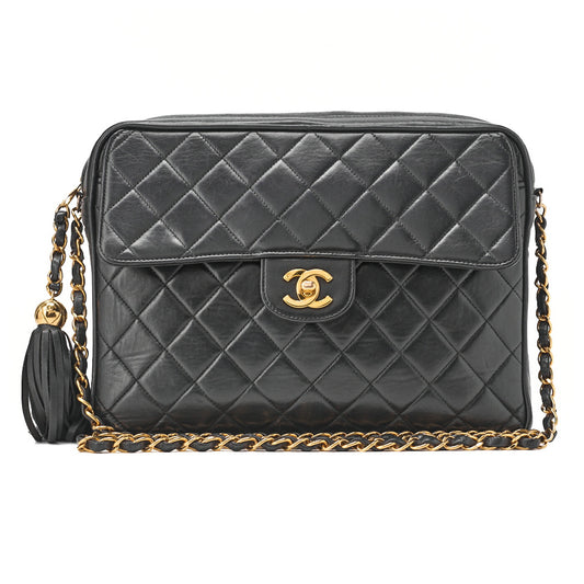 CHANEL Chain Shoulder Bag Matlasse Outside Flap Fringe Chain Shoulder Lambskin Black Gold-Tone Hardware, Pre-Owned