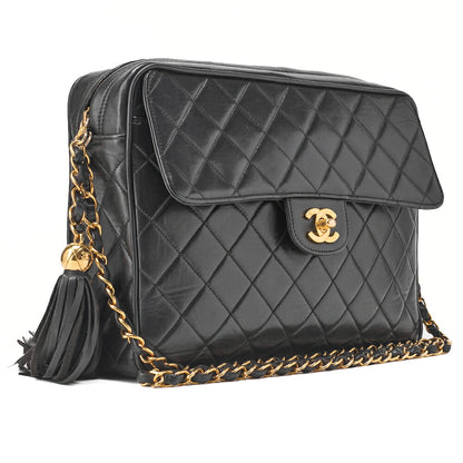 CHANEL Chain Shoulder Bag Matlasse Outside Flap Fringe Chain Shoulder Lambskin Black Gold-Tone Hardware, Pre-Owned