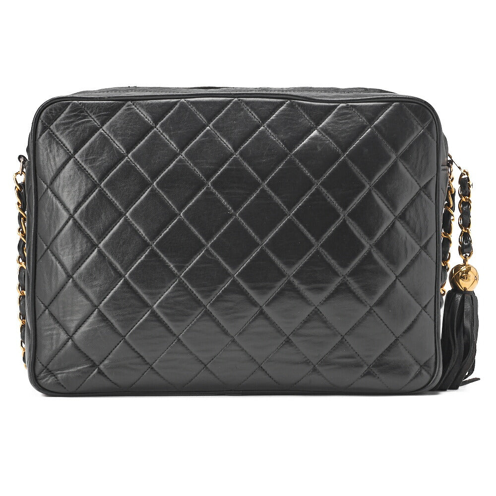 CHANEL Chain Shoulder Bag Matlasse Outside Flap Fringe Chain Shoulder Lambskin Black Gold-Tone Hardware, Pre-Owned