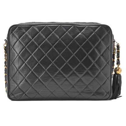 CHANEL Chain Shoulder Bag Matlasse Outside Flap Fringe Chain Shoulder Lambskin Black Gold-Tone Hardware, Pre-Owned