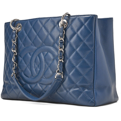 CHANEL Shoulder Bag Tote Bag Matelasse Caviar Skin Cocomark GST Double Chain Tote Navy Silver-Tone Hardware, Pre-Owned
