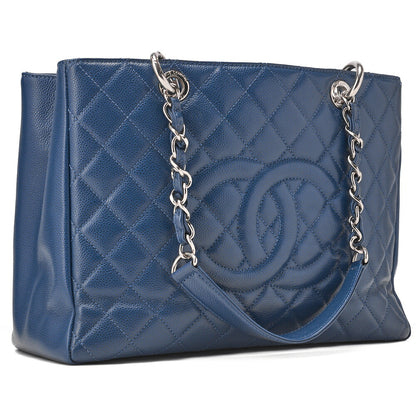 CHANEL Shoulder Bag Tote Bag Matelasse Caviar Skin Cocomark GST Double Chain Tote Navy Silver-Tone Hardware, Pre-Owned
