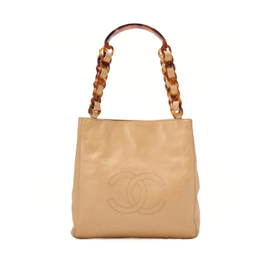 CHANEL Chain Tote Bag Coco Mark Tortoiseshell Plastic Chain Shoulder Beige Gold-Tone Hardware, Pre-Owned
