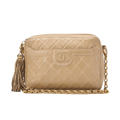 CHANEL Matelasse Coco Mark with Fringe Bijou Chain Shoulder Lambskin Beige Gold-Tone Hardware, Pre-Owned