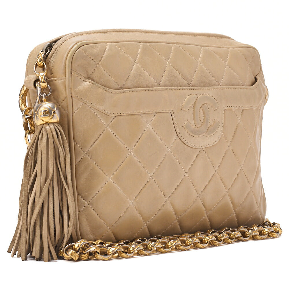 CHANEL Matelasse Coco Mark with Fringe Bijou Chain Shoulder Lambskin Beige Gold-Tone Hardware, Pre-Owned