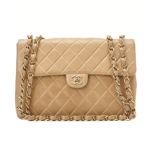 CHANEL Chain Shoulder Bag Deca Matelasse 30cm Single Flap Lambskin Beige Gold-Tone Hardware, Pre-Owned
