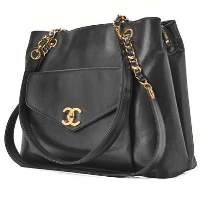 CHANEL Outside Flap Double Chain Shoulder Turnlock Lambskin Black Gold-Tone Hardware, Pre-Owned