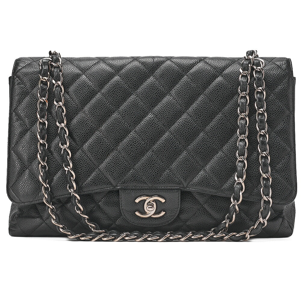 CHANEL Chain Shoulder Bag Deca Matelasse Single Flap Chain Shoulder Caviar Skin Black Silver-Tone Hardware, Pre-Owned