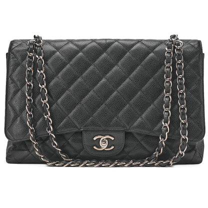 CHANEL Chain Shoulder Bag Deca Matelasse Single Flap Chain Shoulder Caviar Skin Black Silver-Tone Hardware, Pre-Owned