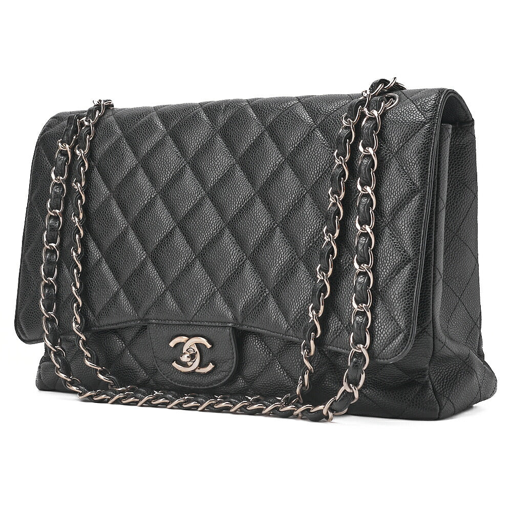 CHANEL Chain Shoulder Bag Deca Matelasse Single Flap Chain Shoulder Caviar Skin Black Silver-Tone Hardware, Pre-Owned
