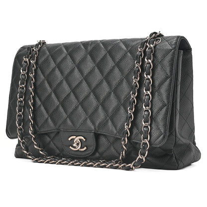 CHANEL Chain Shoulder Bag Deca Matelasse Single Flap Chain Shoulder Caviar Skin Black Silver-Tone Hardware, Pre-Owned