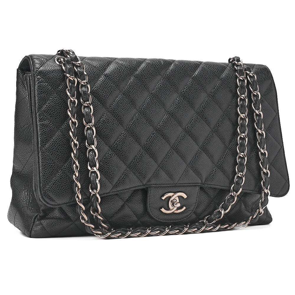CHANEL Chain Shoulder Bag Deca Matelasse Single Flap Chain Shoulder Caviar Skin Black Silver-Tone Hardware, Pre-Owned