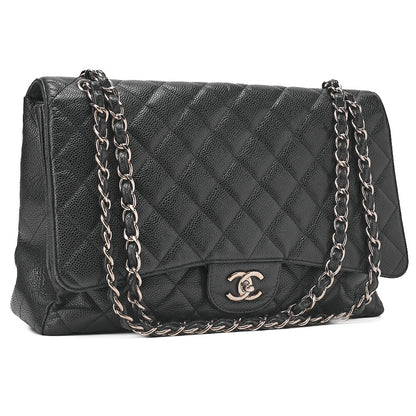 CHANEL Chain Shoulder Bag Deca Matelasse Single Flap Chain Shoulder Caviar Skin Black Silver-Tone Hardware, Pre-Owned