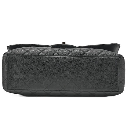 CHANEL Chain Shoulder Bag Deca Matelasse Single Flap Chain Shoulder Caviar Skin Black Silver-Tone Hardware, Pre-Owned