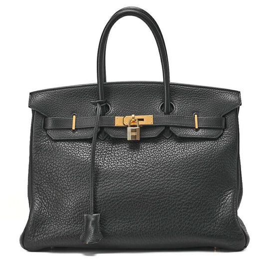 HERMES Birkin 35 Handbag Fjord Black Black Gold-Tone Hardware, Pre-Owned