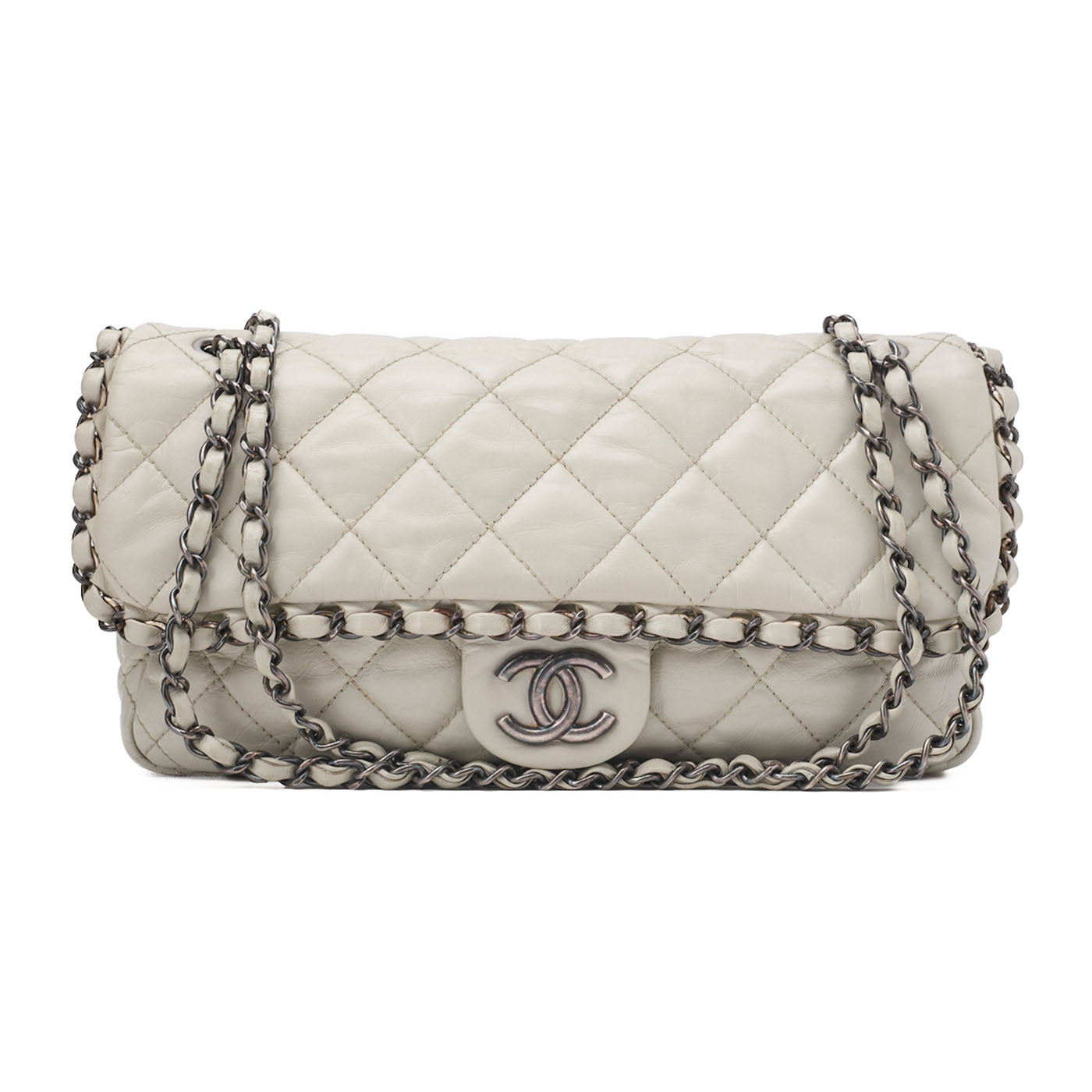 CHANEL Matelasse Luxury Chain Shoulder Bag Vintage Calf White Silver-Tone Hardware, Pre-Owned