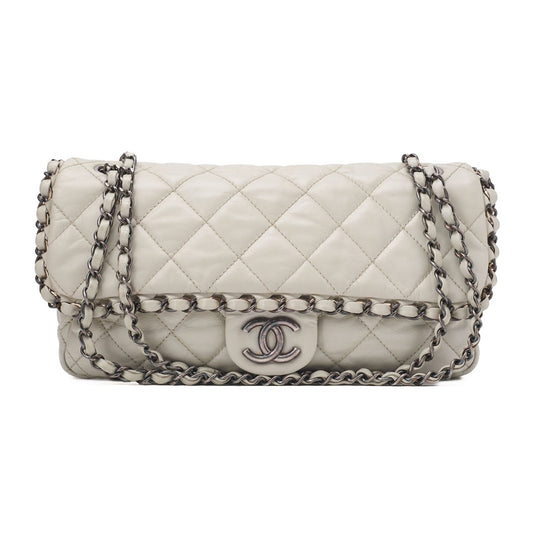 CHANEL Matelasse Luxury Chain Shoulder Bag Vintage Calf White Silver-Tone Hardware, Pre-Owned