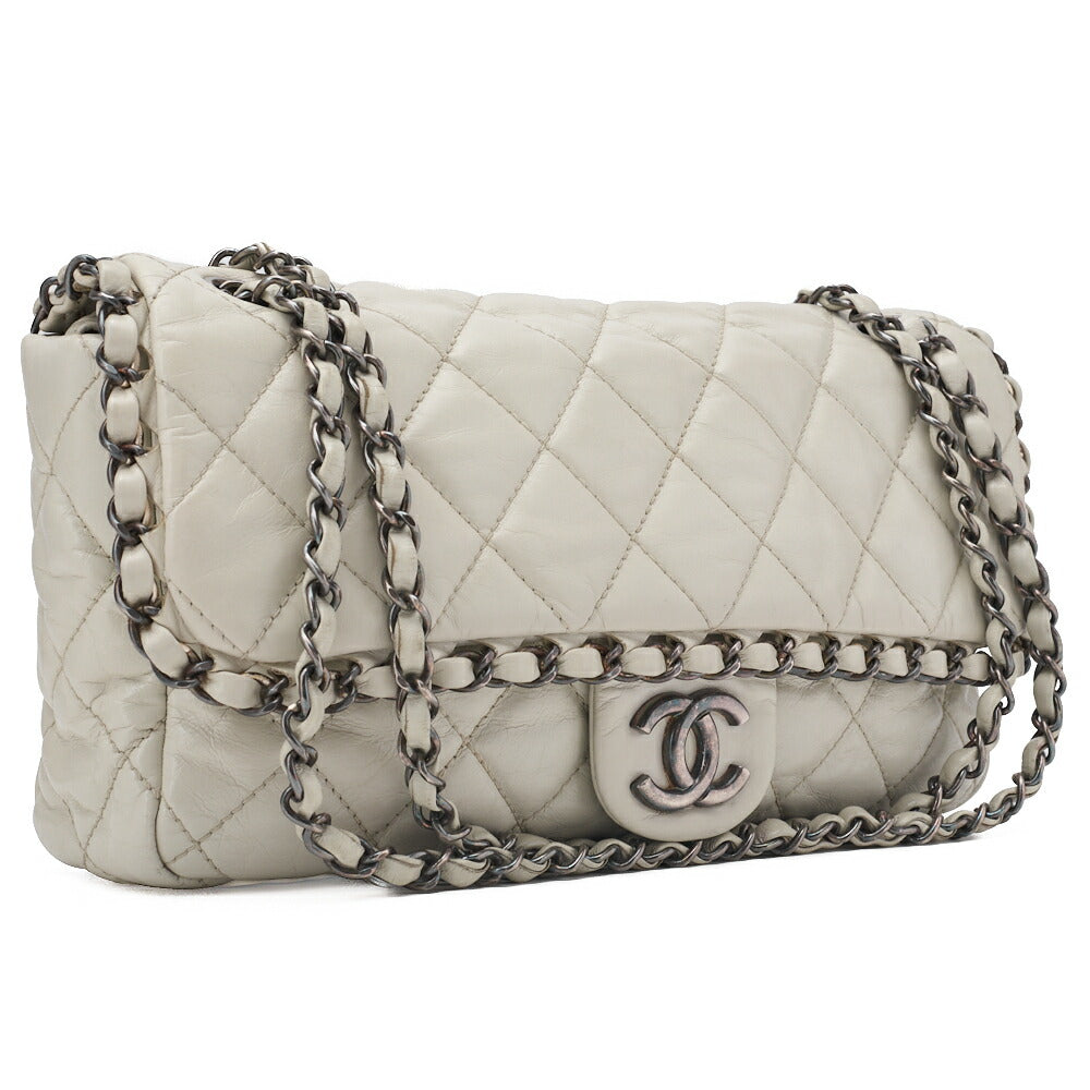 CHANEL Matelasse Luxury Chain Shoulder Bag Vintage Calf White Silver-Tone Hardware, Pre-Owned
