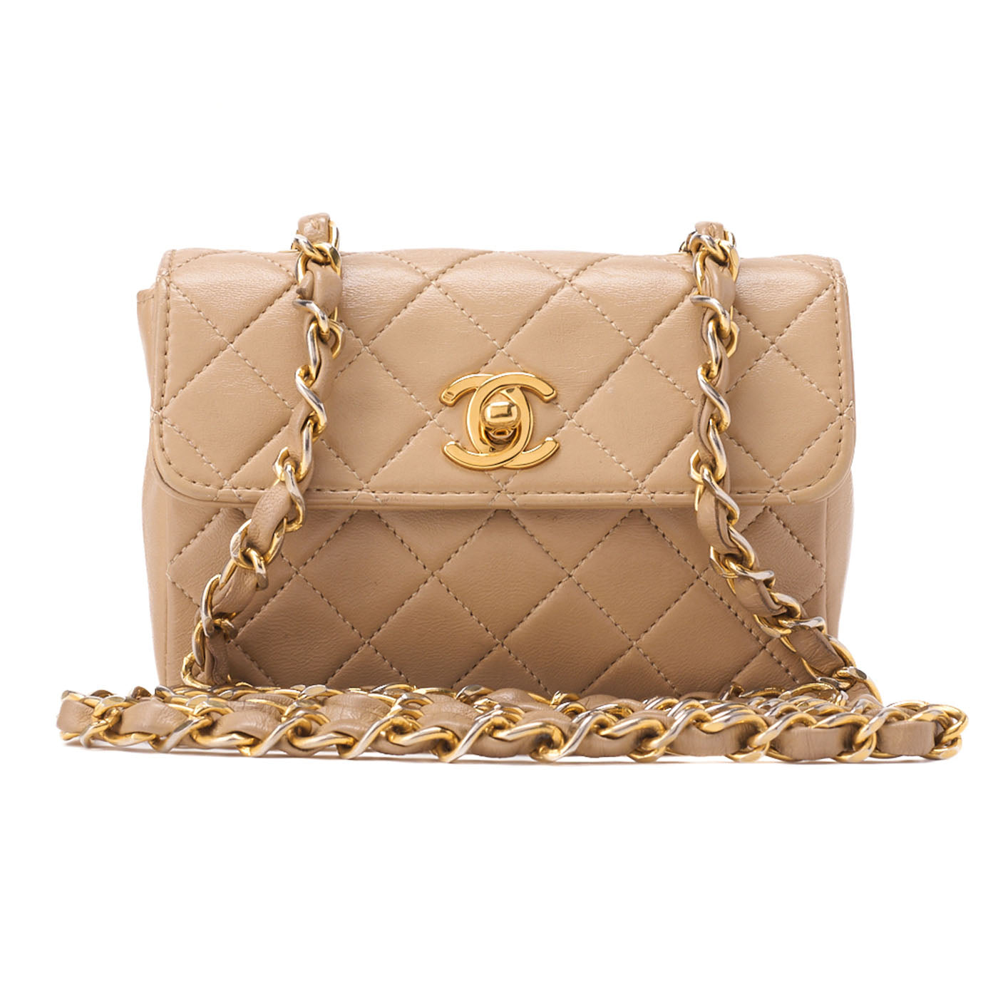 CHANEL Chain Shoulder Bag Mini Mini Matelasse Lambskin Beige Single Flap Turnlock Gold-Tone Hardware, Pre-Owned