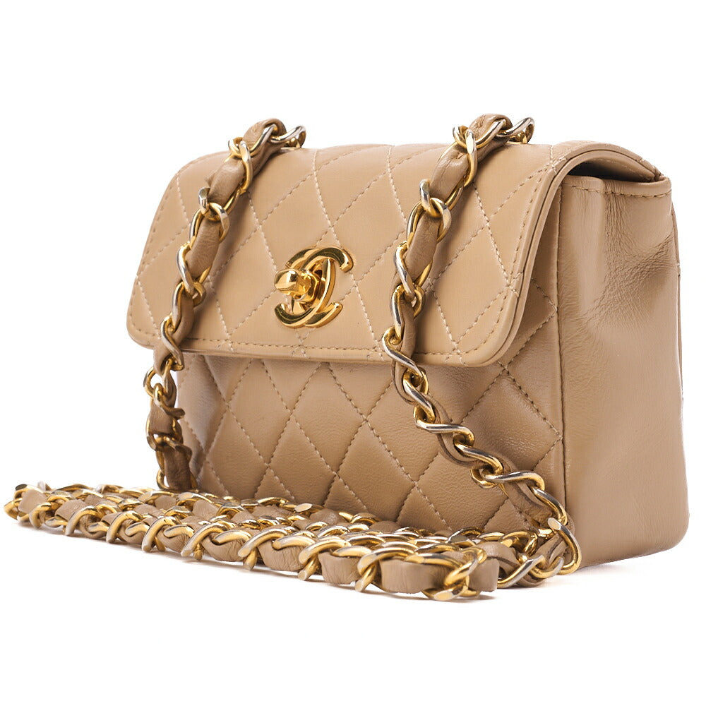 CHANEL Chain Shoulder Bag Mini Mini Matelasse Lambskin Beige Single Flap Turnlock Gold-Tone Hardware, Pre-Owned