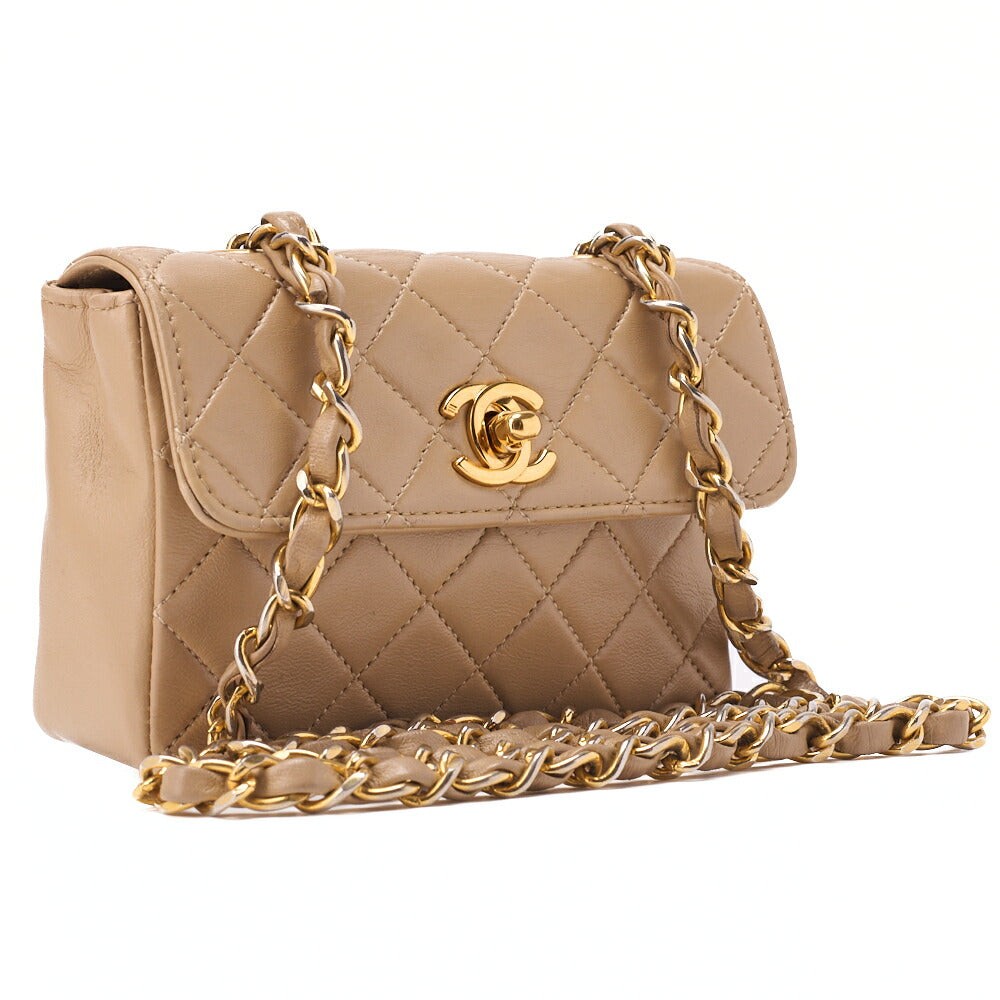 CHANEL Chain Shoulder Bag Mini Mini Matelasse Lambskin Beige Single Flap Turnlock Gold-Tone Hardware, Pre-Owned
