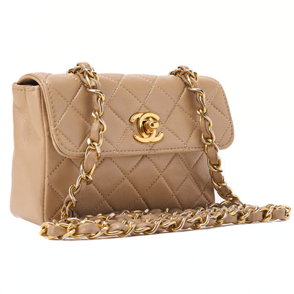 CHANEL Chain Shoulder Bag Mini Mini Matelasse Lambskin Beige Single Flap Turnlock Gold-Tone Hardware, Pre-Owned