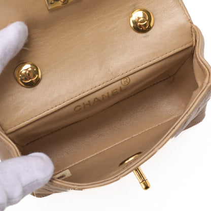 CHANEL Chain Shoulder Bag Mini Mini Matelasse Lambskin Beige Single Flap Turnlock Gold-Tone Hardware, Pre-Owned