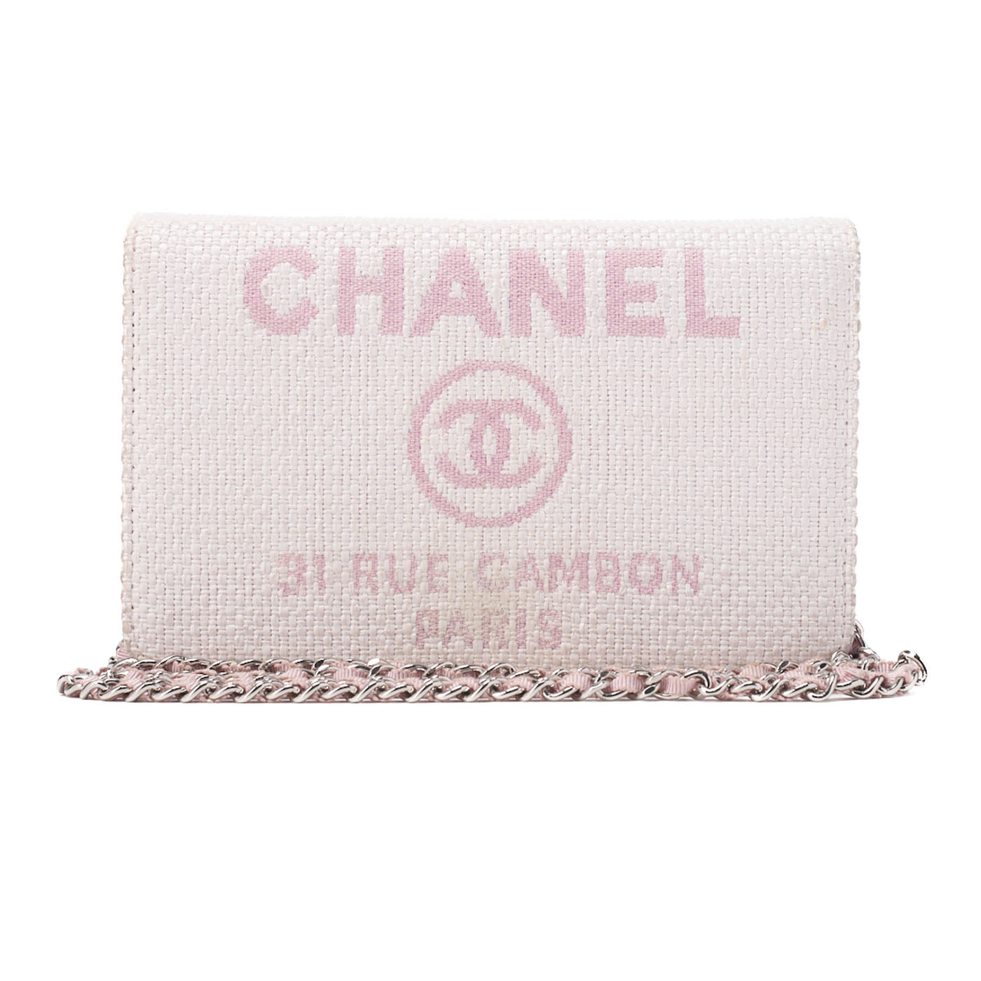 CHANEL Deauville Chain Wallet Straw x Lambskin Pink Silver-Tone Hardware, Pre-Owned