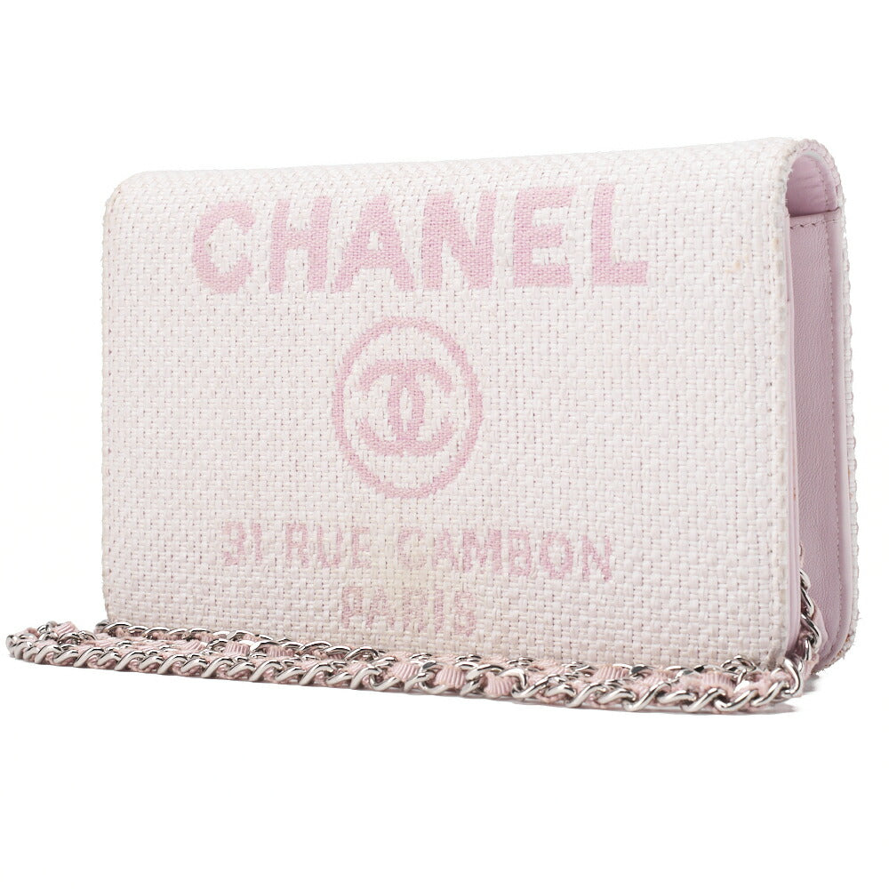 CHANEL Deauville Chain Wallet Straw x Lambskin Pink Silver-Tone Hardware, Pre-Owned