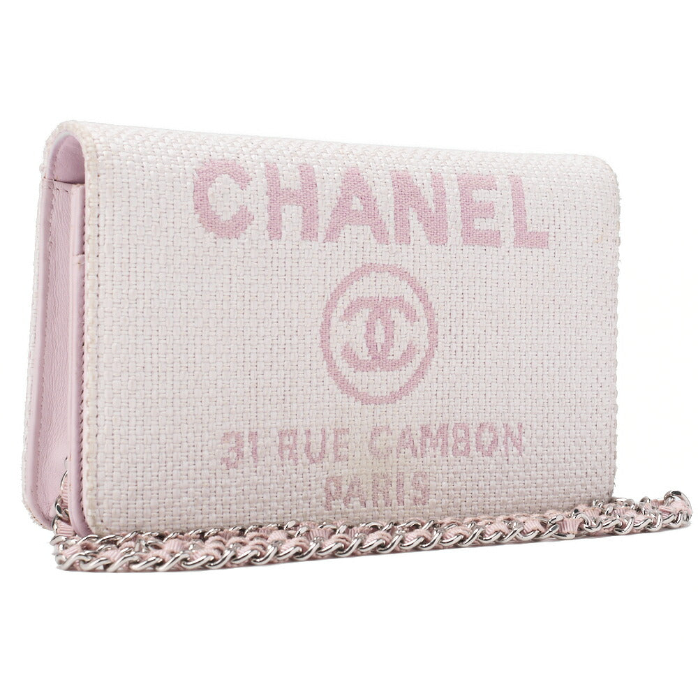 CHANEL Deauville Chain Wallet Straw x Lambskin Pink Silver-Tone Hardware, Pre-Owned