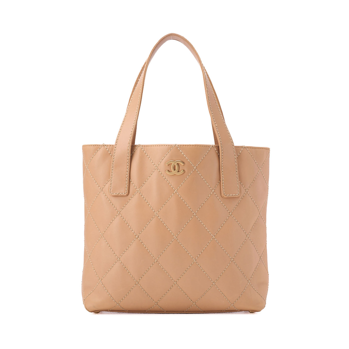 CHANEL Cocomark Wild Stitch Handbag Calfskin Beige Gold-Tone Hardware, Pre-Owned