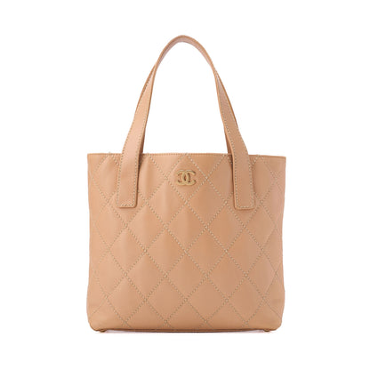 CHANEL Cocomark Wild Stitch Handbag Calfskin Beige Gold-Tone Hardware, Pre-Owned