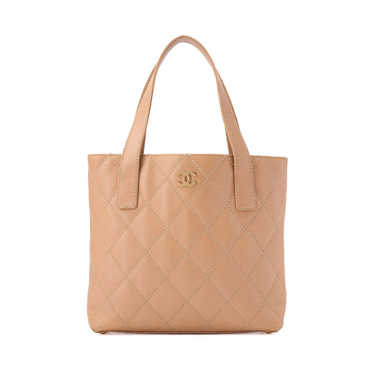 CHANEL Cocomark Wild Stitch Handbag Calfskin Beige Gold-Tone Hardware, Pre-Owned