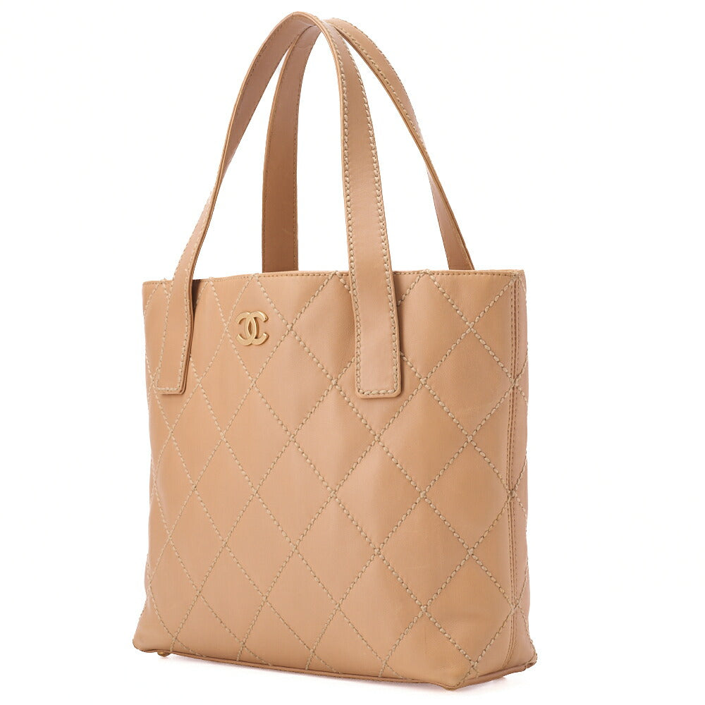 CHANEL Cocomark Wild Stitch Handbag Calfskin Beige Gold-Tone Hardware, Pre-Owned