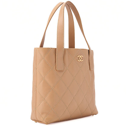 CHANEL Cocomark Wild Stitch Handbag Calfskin Beige Gold-Tone Hardware, Pre-Owned