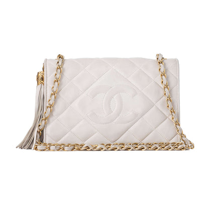 CHANEL Chain Shoulder Matelasse Coco Mark Fringe Lambskin White Gold-Tone Hardware, Pre-Owned
