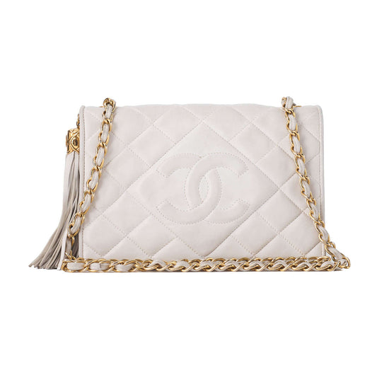 CHANEL Chain Shoulder Matelasse Coco Mark Fringe Lambskin White Gold-Tone Hardware, Pre-Owned