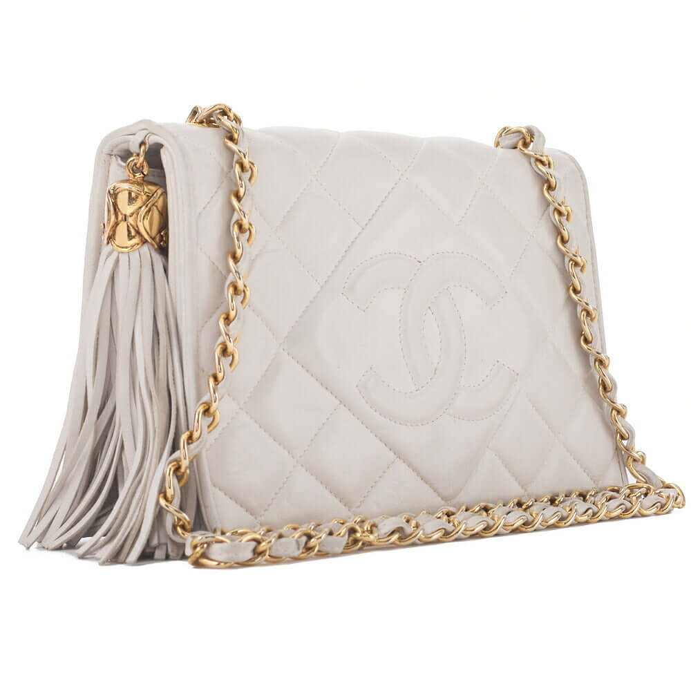 CHANEL Chain Shoulder Matelasse Coco Mark Fringe Lambskin White Gold-Tone Hardware, Pre-Owned