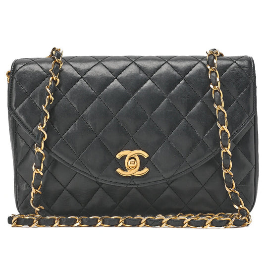 CHANEL Chain Shoulder Bag  Matelasse Lambskin Black Round Flap Turnlock Gold-Tone Hardware, Pre-Owned