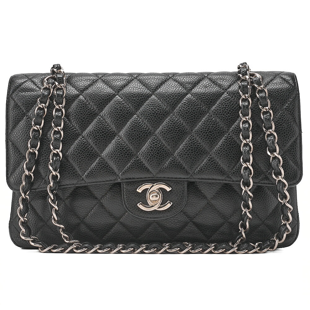 CHANEL Matelasse Turnlock Double Flap 25 Chain Shoulder Bag Caviar Skin Black Silver-Tone Hardware, Pre-Owned