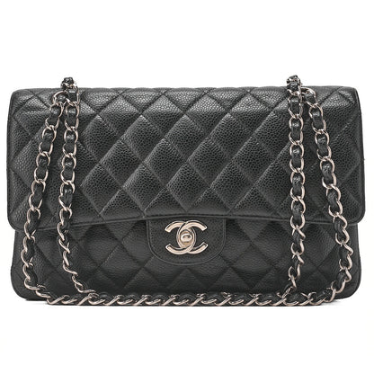 CHANEL Matelasse Turnlock Double Flap 25 Chain Shoulder Bag Caviar Skin Black Silver-Tone Hardware, Pre-Owned