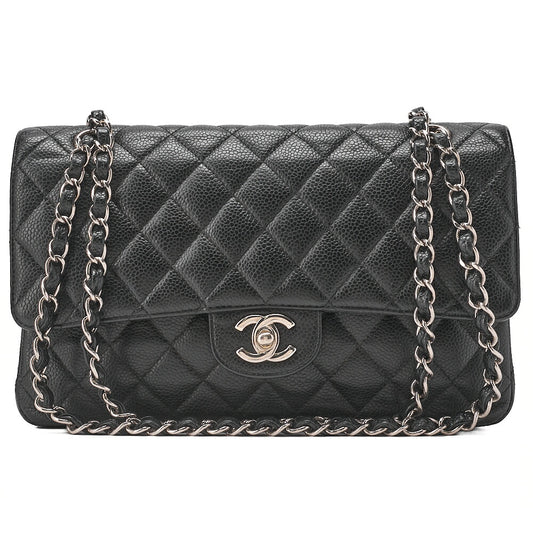 CHANEL Matelasse Turnlock Double Flap 25 Chain Shoulder Bag Caviar Skin Black Silver-Tone Hardware, Pre-Owned