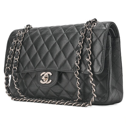 CHANEL Matelasse Turnlock Double Flap 25 Chain Shoulder Bag Caviar Skin Black Silver-Tone Hardware, Pre-Owned