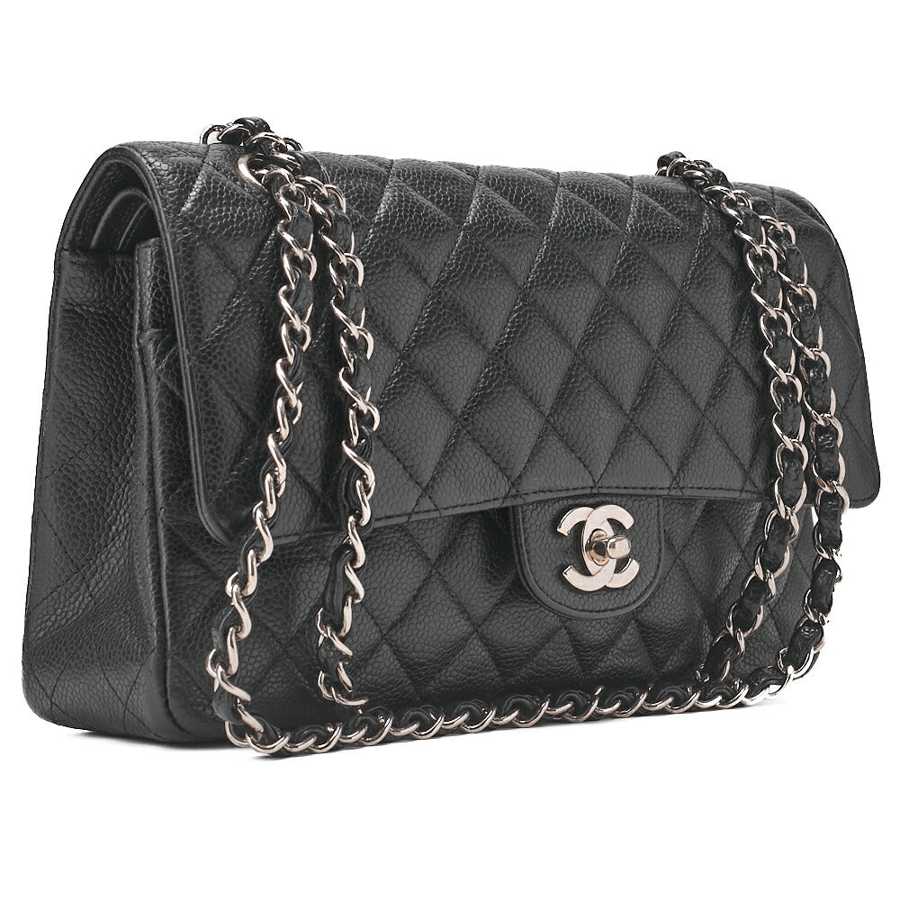 CHANEL Matelasse Turnlock Double Flap 25 Chain Shoulder Bag Caviar Skin Black Silver-Tone Hardware, Pre-Owned