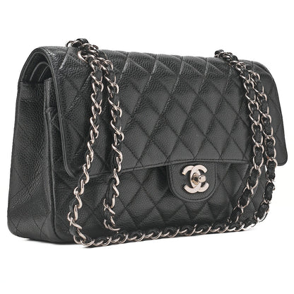 CHANEL Matelasse Turnlock Double Flap 25 Chain Shoulder Bag Caviar Skin Black Silver-Tone Hardware, Pre-Owned
